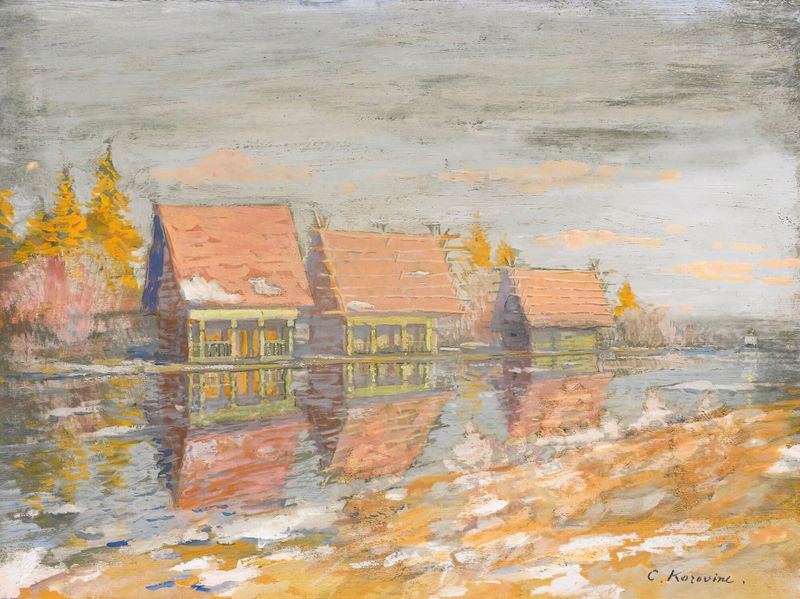 Dachas On The River Bank de Konstantin Alexeevich Korovin, pintura a óleo que retrata dachas vibrantes ao lado de um rio.