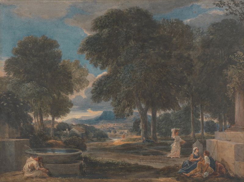 Paisaje con un hombre lavándose los pies en una fuente, óleo sobre lienzo de David Cox