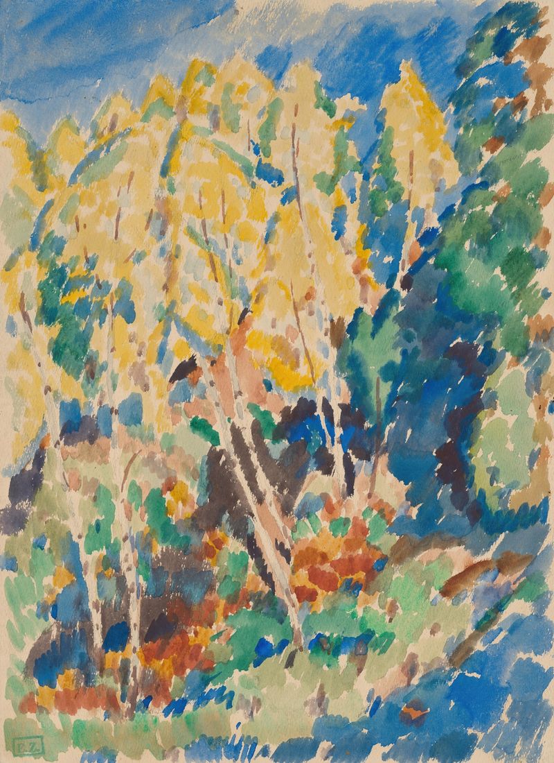 Paisagem expressionista de Karel Boháček, com árvores e um céu colorido