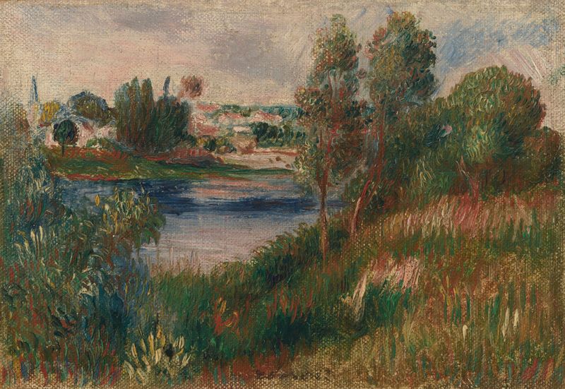Landscape at Vétheuil de Pierre-Auguste Renoir, óleo sobre tela representando um rio e uma floresta.