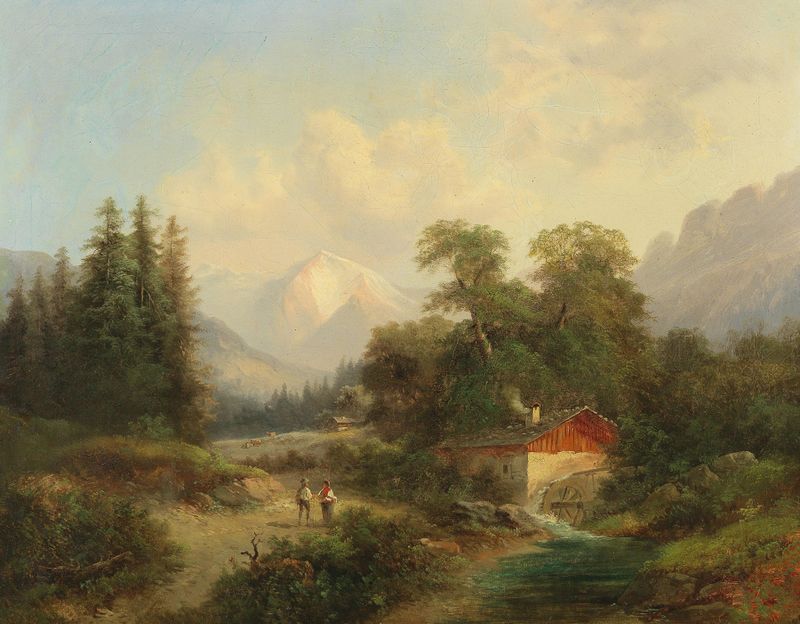 Landscape oil painting by Gustav Barbarini depicting mountains and a valley under a vast sky.