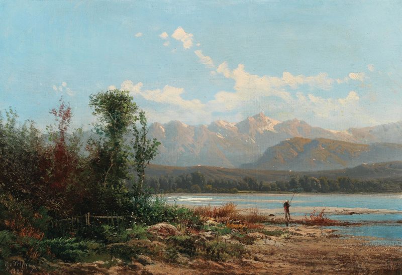 A Mountainous Lake Landscape with Fisherman, oil on canvas by Alfred Godchaux