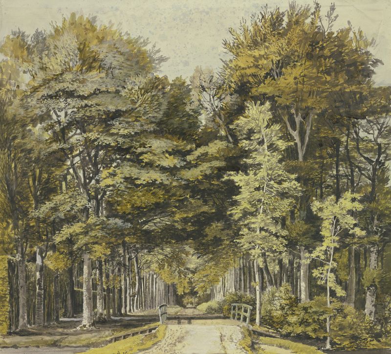 Landscape featuring a wooden bridge over a stream, by Martinus van der Jagt