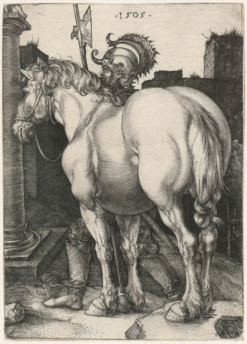 Engraving by Albrecht Dürer of a powerful horse showcasing musculature and light.