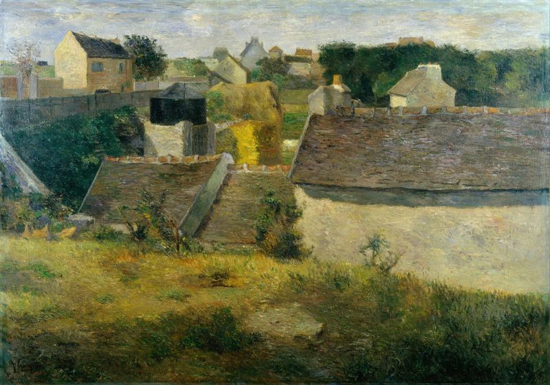 Casas em Vaugirard de Paul Gauguin, pintura a óleo que retrata uma vila e folhagem.