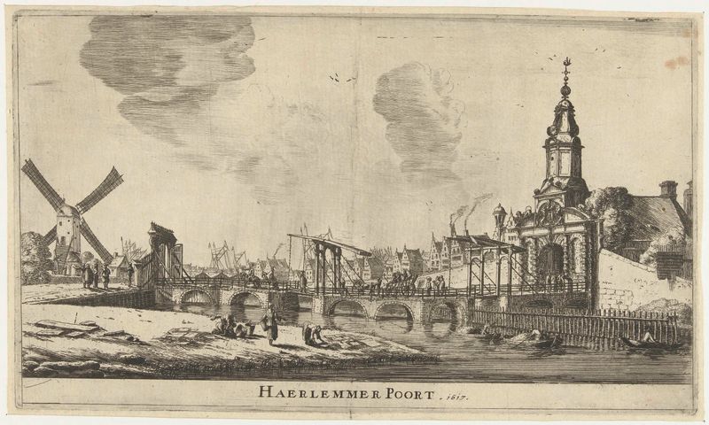 Grabado de Haarlemmerpoort en Ámsterdam por Reinier Nooms