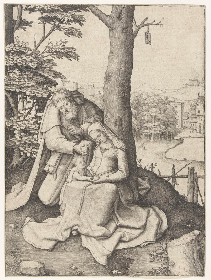 Grabado de Lucas van Leyden que representa La Sagrada Familia en una escena doméstica