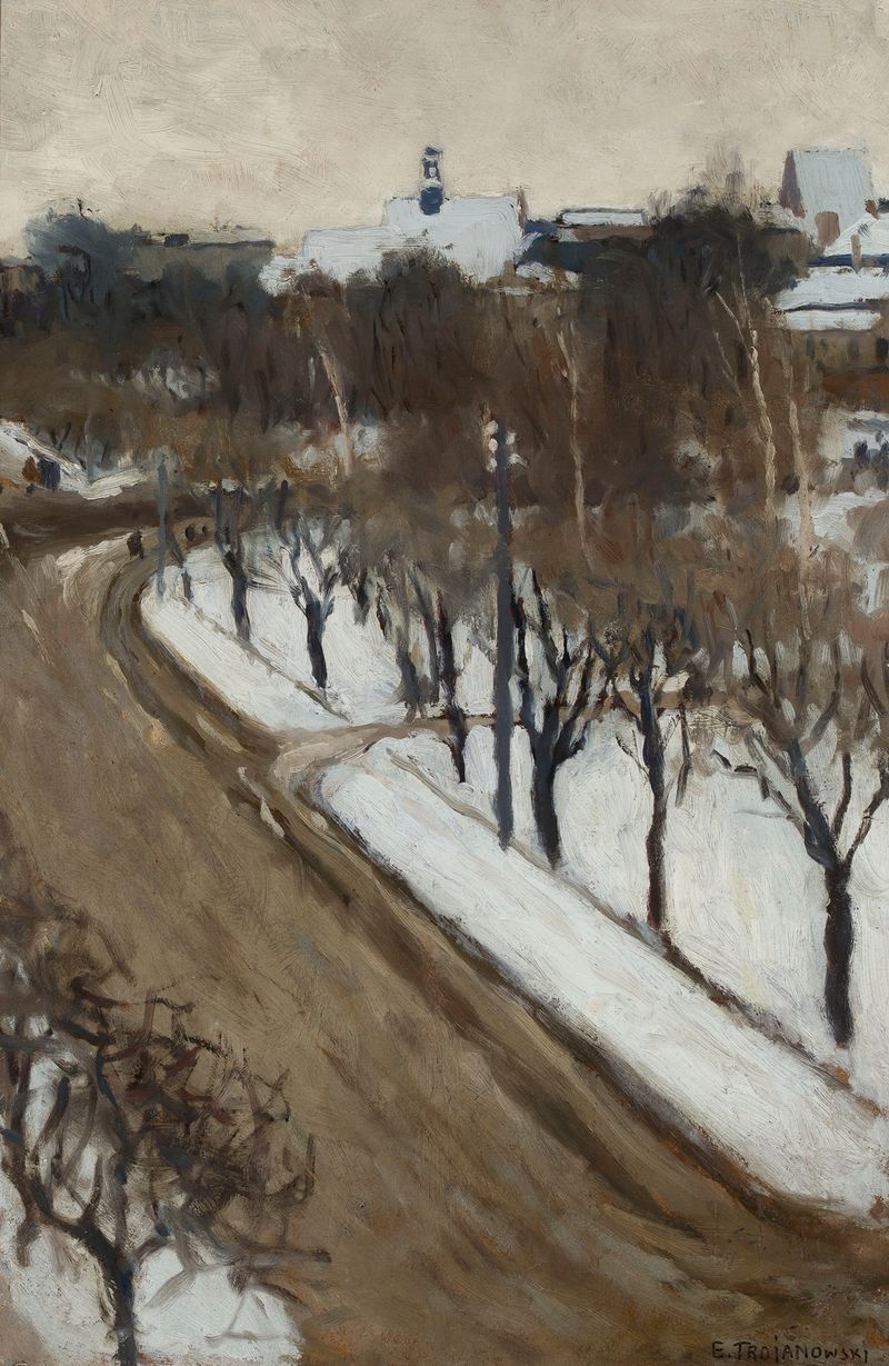 Landscape of Planty Park in Kraków, oil on canvas by Edward Trojanowski