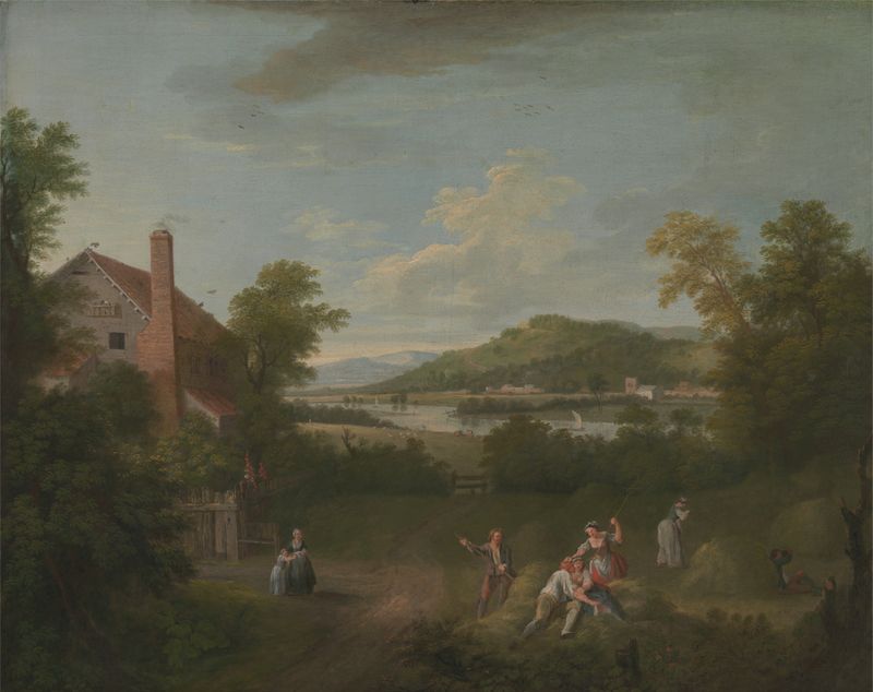 Paisagem com Trabalhadores Rurais de George Lambert, óleo sobre tela mostrando trabalhadores em um campo.