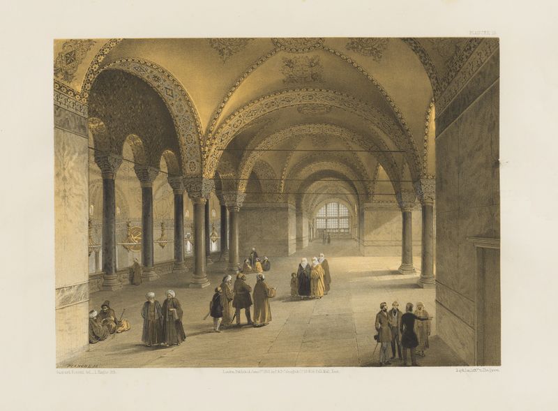 Lithograph by Gaspare Fossati depicting Aya Sofia with mosaics and light.
