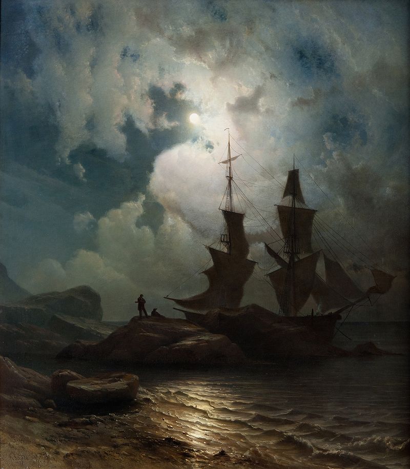 Moonlight on the Coast of Norway by Knud Baade, oil painting depicting a serene coastline at twilight.