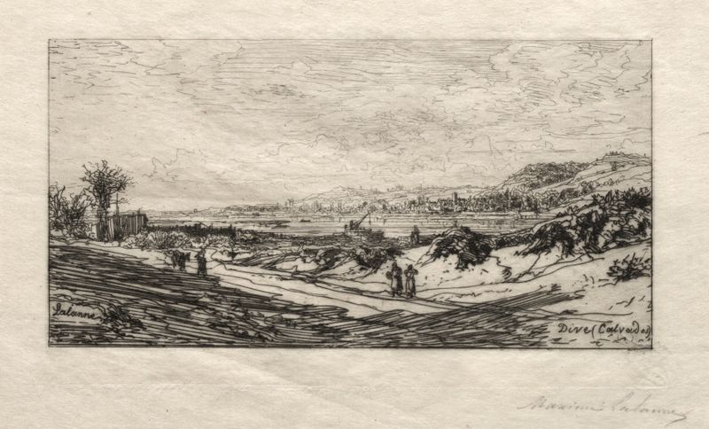 Grabado de Maxime Lalanne que muestra un paisaje de río con árboles