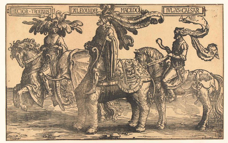 Cena histórica com Hector, Alexandre e César de Lucas van Leyden, pintura a óleo