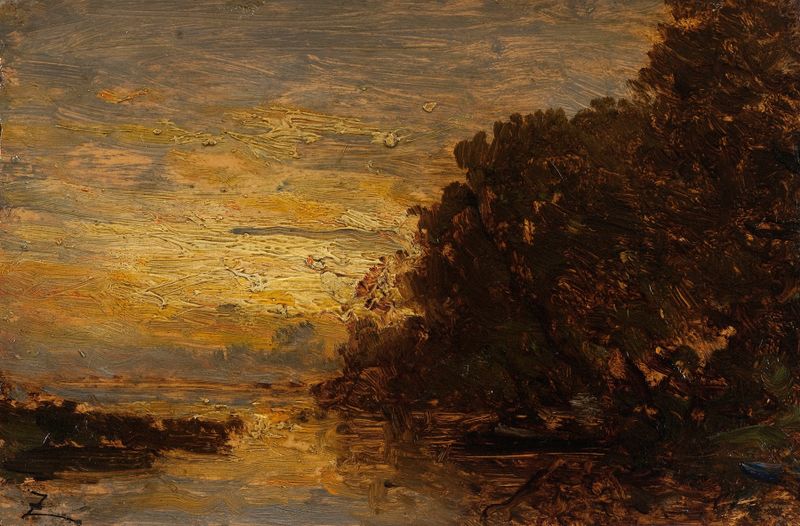 La Seine à Billancourt, coucher de soleil by Félix Ziem, oil on canvas depicting a sunset over a river.