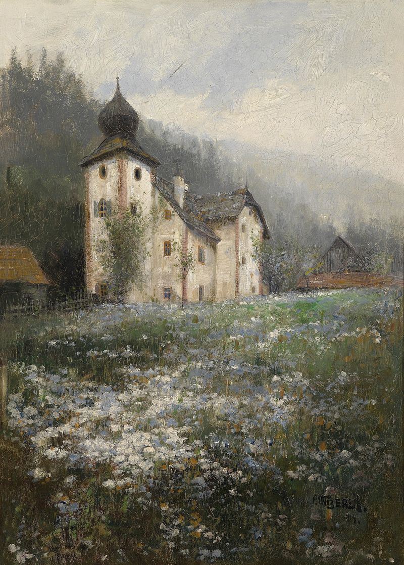 Landscape oil painting by Paul Unbereit featuring a church on a hill