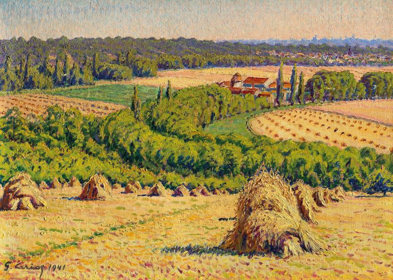 Paisagem com fardos de feno e luz solar de Gustave Cariot, Impressionismo