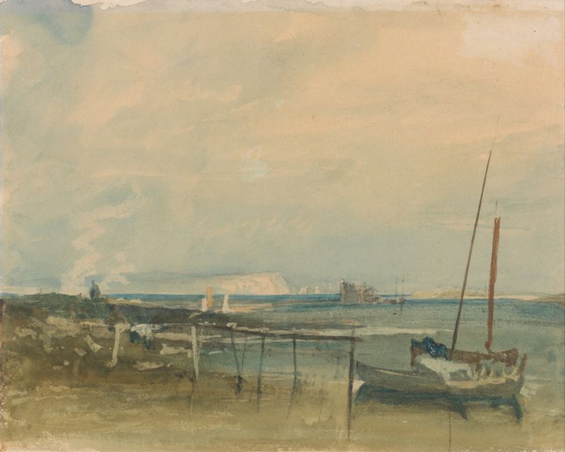 Escena costera con acantilados blancos y botes en la orilla, pintura al óleo de Joseph Mallord William Turner