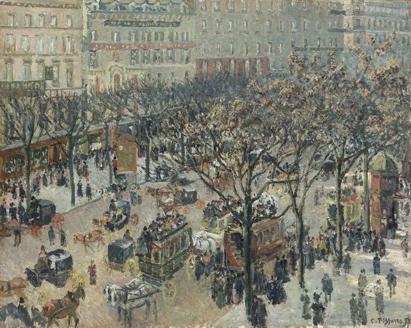 Boulevard des Italiens, Morning Sunlight by Camille Pissarro, oil painting depicting figures on a sunlit boulevard.