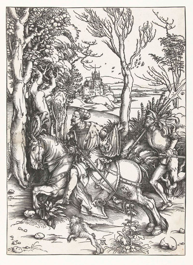 Desenho histórico em papel de Albrecht Dürer com um cavaleiro e um soldado