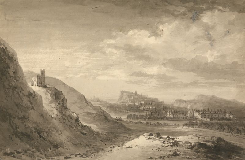 Landscape of Edinburgh by Alexander Nasmyth, oil painting depicting hills and a serene sky.