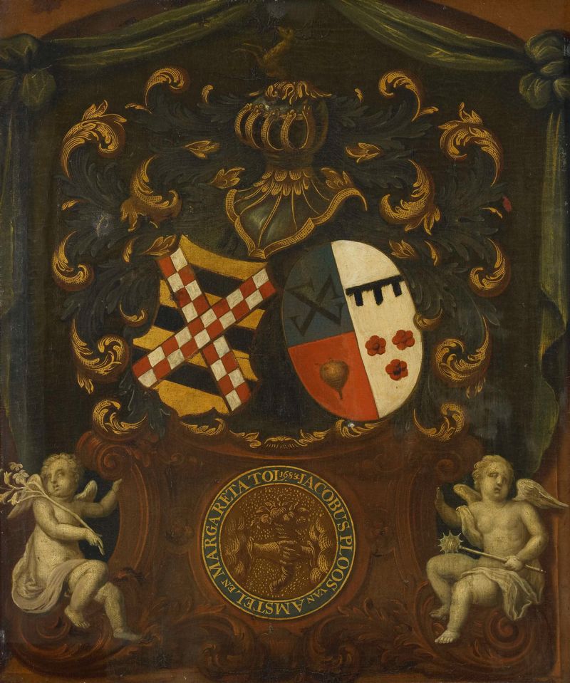 Óleo sobre lienzo de artista desconocido con escudos de armas de Jacob Ploos van Amstel y Margareta Tol