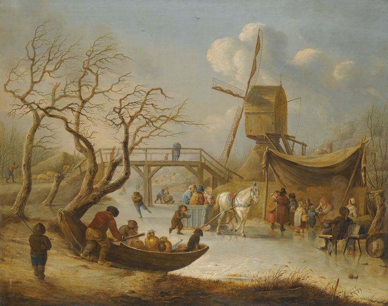 A winter landscape with skaters and a horse-drawn sleigh by Andries Vermeulen, oil painting