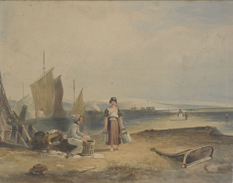 Fisher folk de Thomas Cafe, óleo sobre lienzo, que representa a pescadores con rostros desgastados y colores oceánicos.