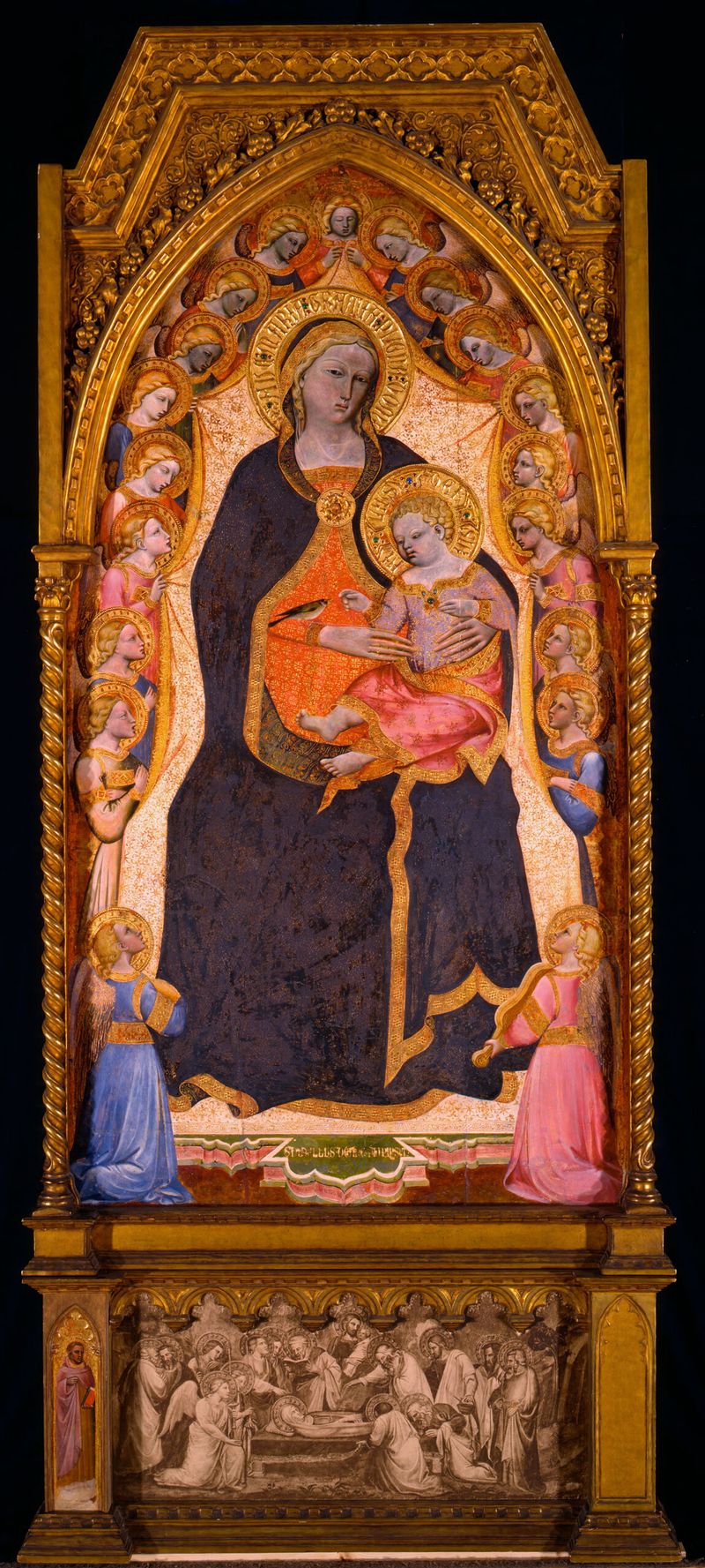 Virgin and Child Enthroned with Nineteen Angels, tempera on panel by Spinello Aretino