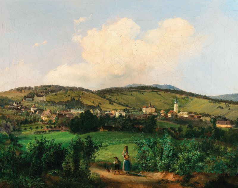 Oil on canvas by Carl Franz Michael Geyling depicting a church and barracks in Vienna