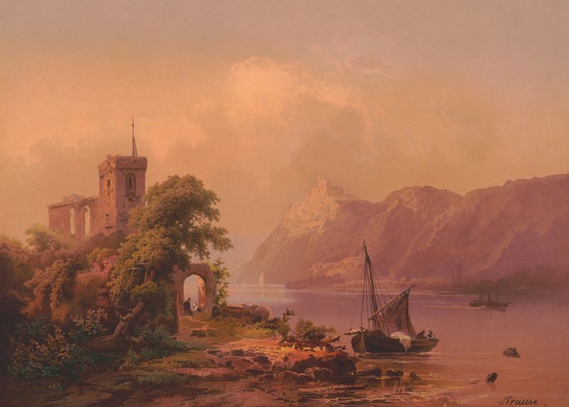 Ober-Lahnstein de Edmund Foerster & Co., óleo sobre lienzo que representa un paisaje sereno de río