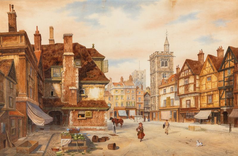 Praça do mercado de St. Albans, óleo sobre tela de James Lawson Stewart