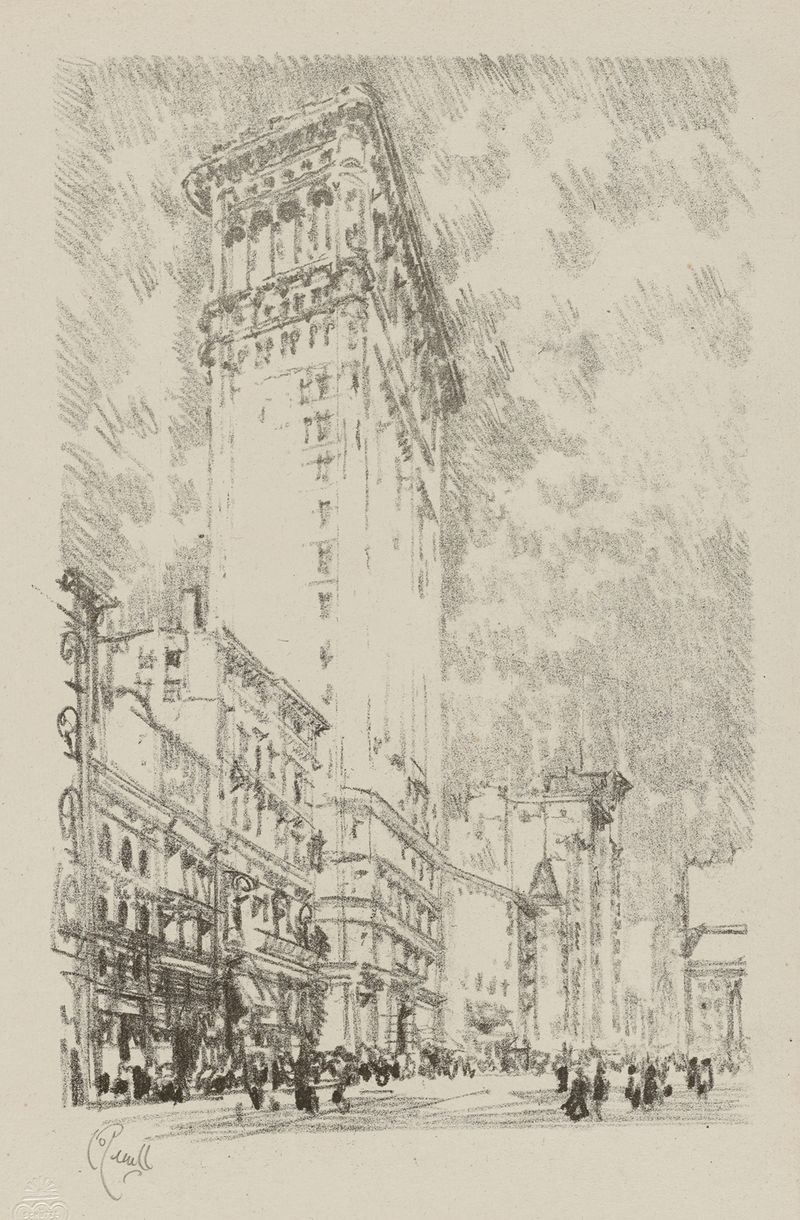 Etching by Joseph Pennell depicting the Flatiron Building in an urban setting.