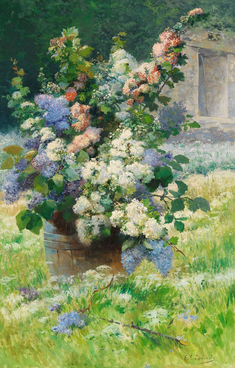 Lilac branches and hollyhocks óleo de Eugène Henri Cauchois