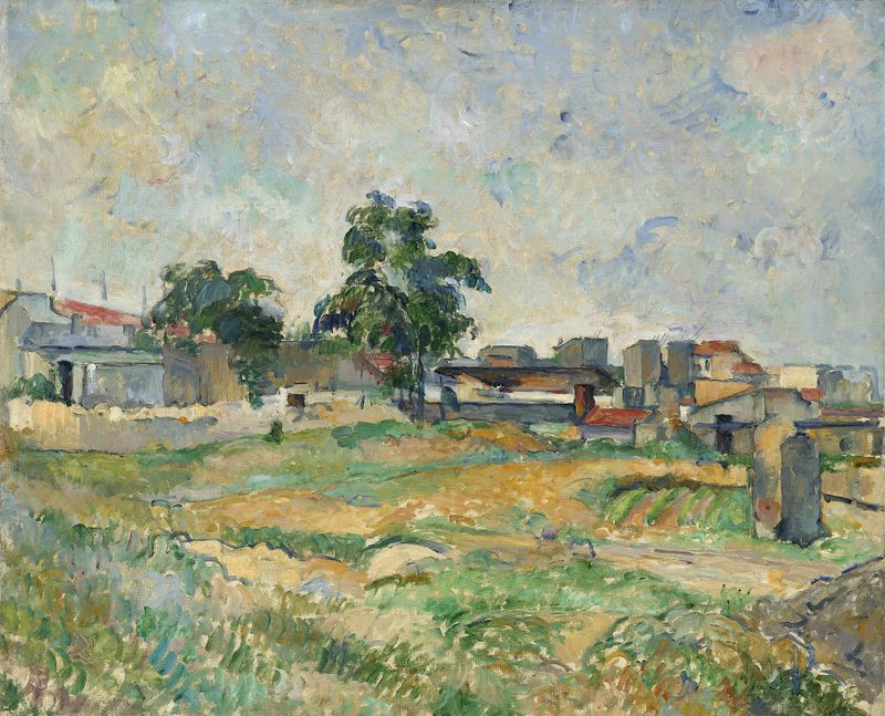 Paisaje cerca de París de Paul Cezanne, óleo que muestra colinas y un cielo vibrante