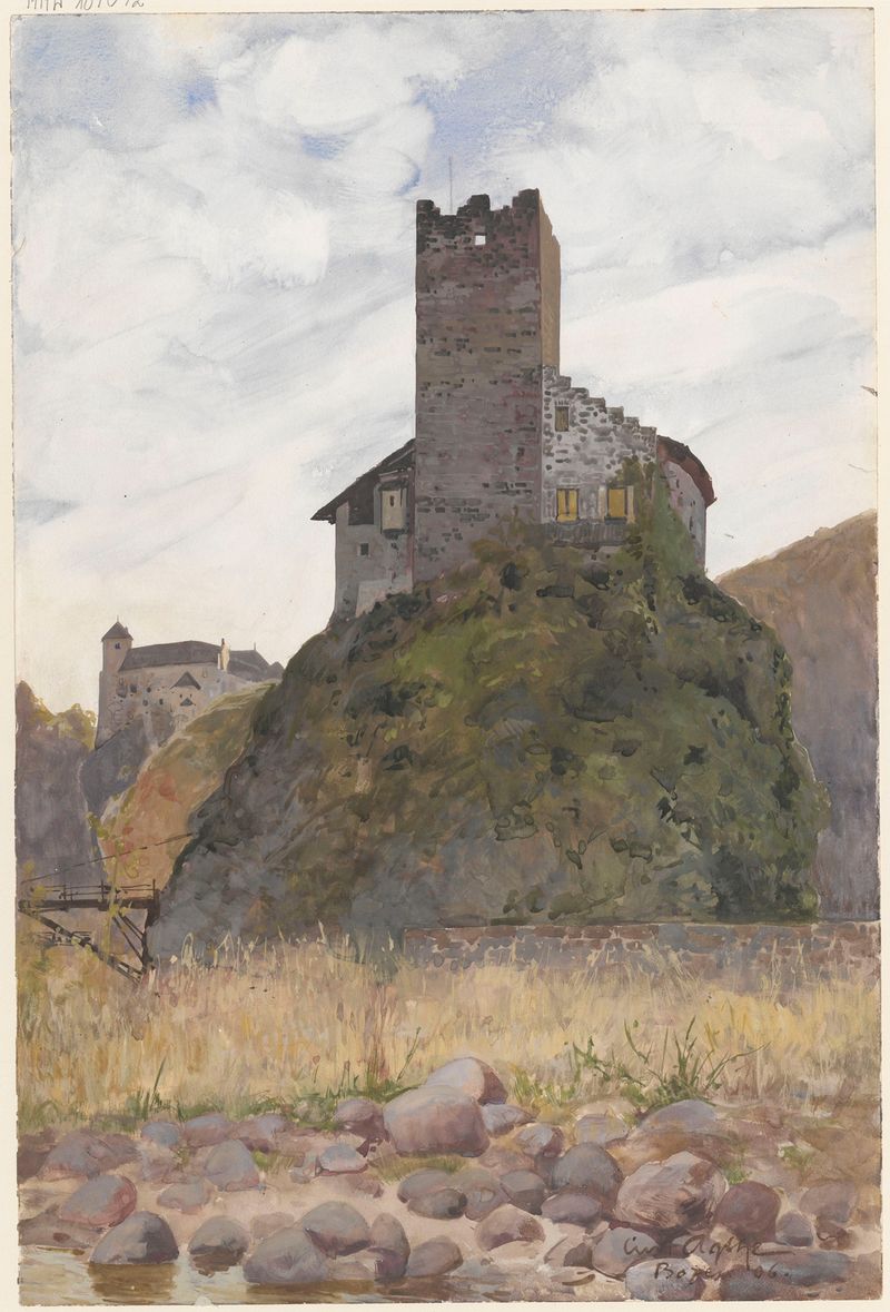 Castel Novale tower and view of Castel Runcolo in Bolzano, oil on canvas by Curt Agthe