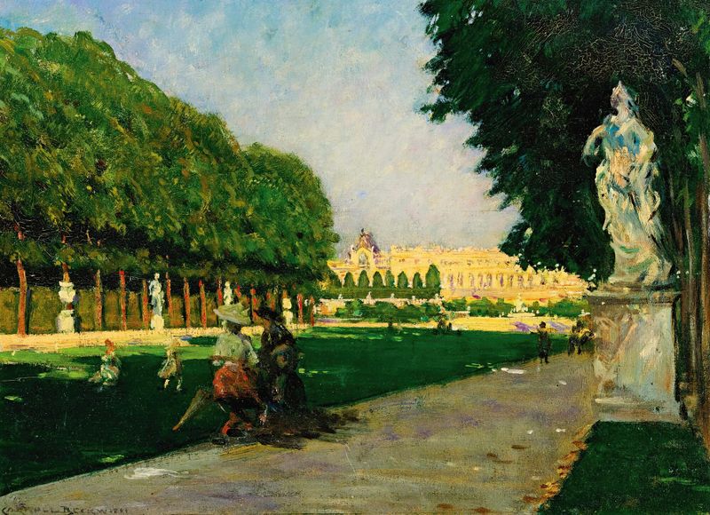 The Tapis Vert de James Carroll Beckwith, óleo sobre lienzo, que representa un jardín tranquilo con luz solar y árboles.