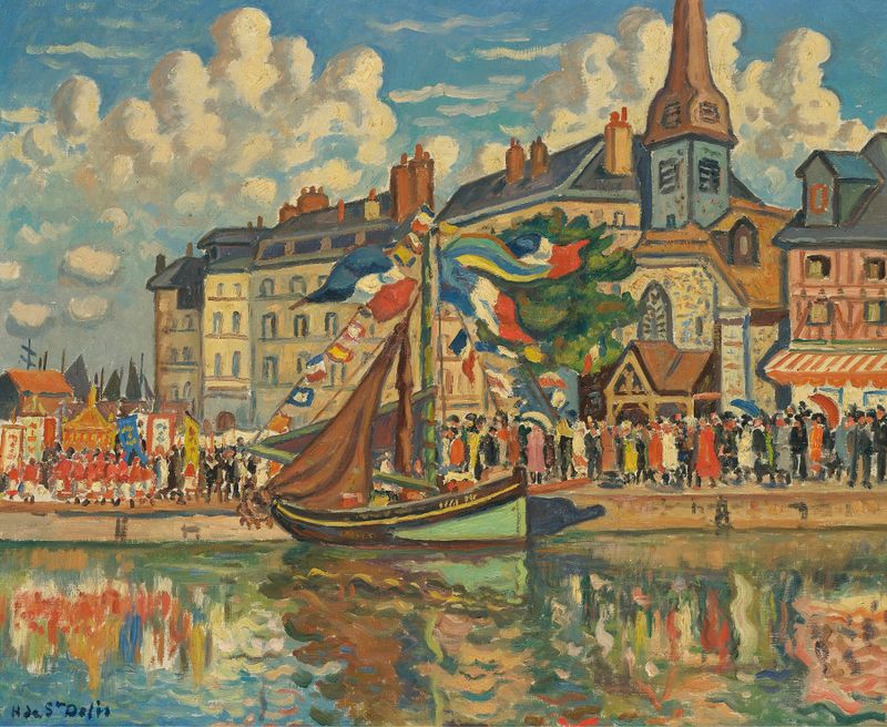 Óleo sobre lienzo de Henri Liénard de Saint-Délis que representa un barco en un puerto tranquilo.