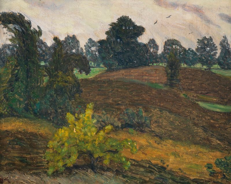 Paisaje con nubes en espiral en óleo sobre lienzo de Otto Modersohn