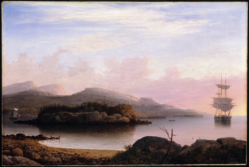 Óleo sobre tela de Fitz Henry Lane retratando uma paisagem oceânica tranquila
