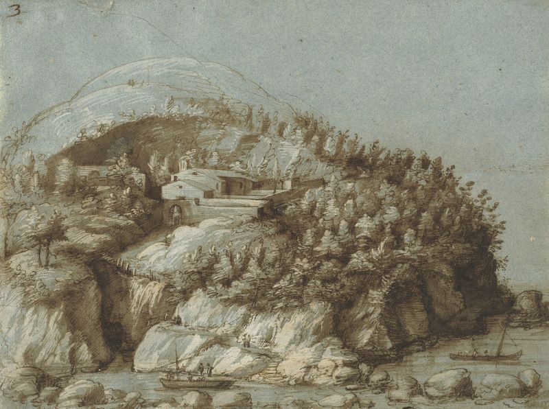 Paisaje montañoso con barcos, pintura al óleo de Gherardo Cibo