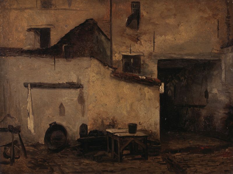Backyard of a Butcher’s Shop by Jan Stobbaerts, oil on canvas, depicting shadows and remnants of labor