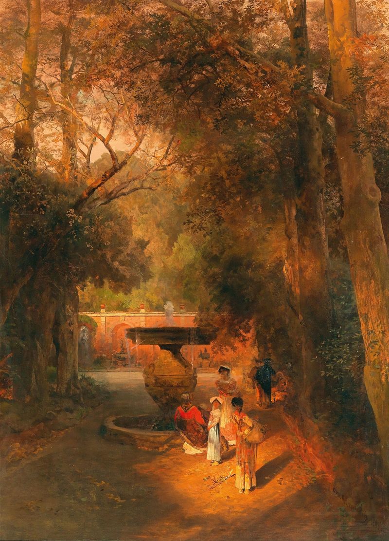 Óleo sobre lienzo de Oswald Achenbach que muestra un parque con una fuente y árboles.