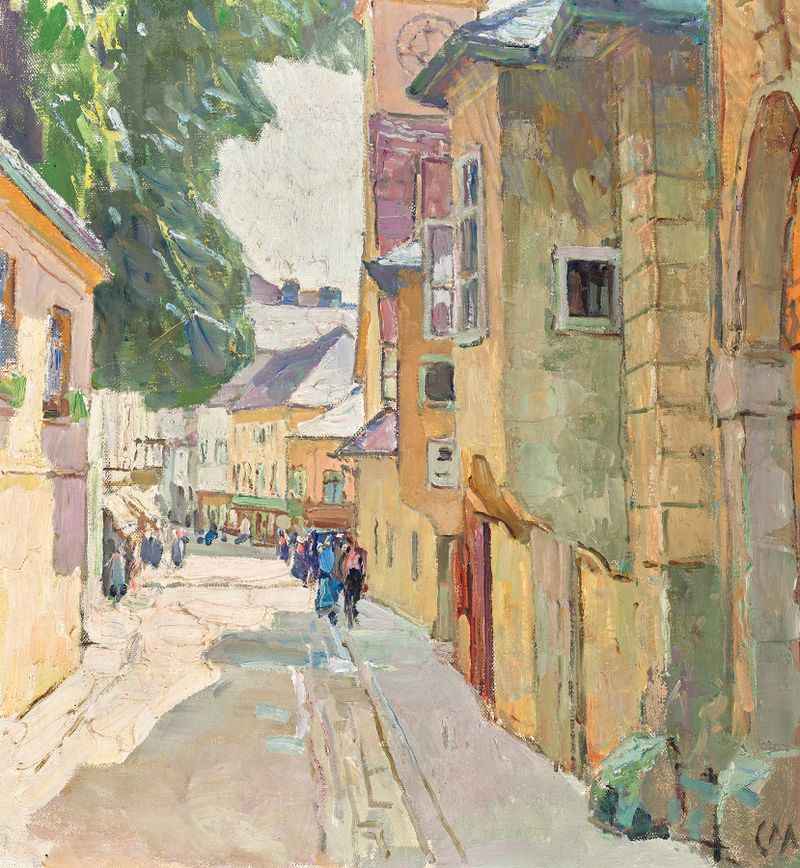 Paisagem de uma rua iluminada pelo sol com casas de Carl Moll, pintura a óleo
