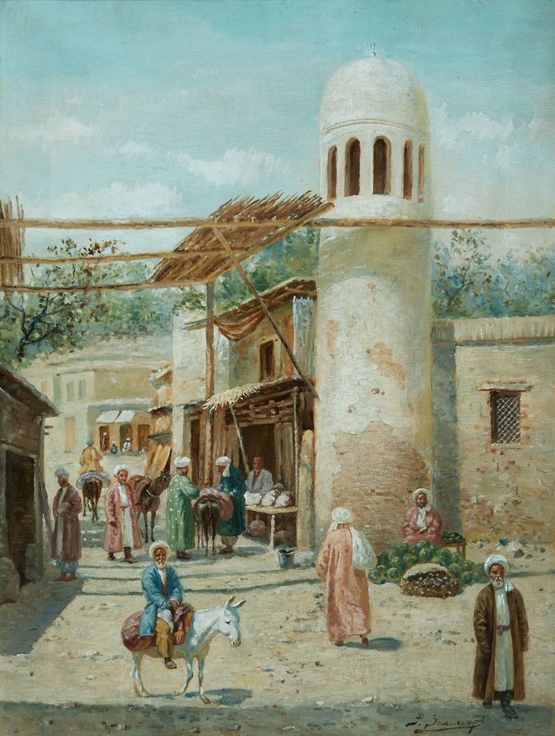Genre scene of a market square with vibrant colors by Richard Karlovich Zommer, unknown medium