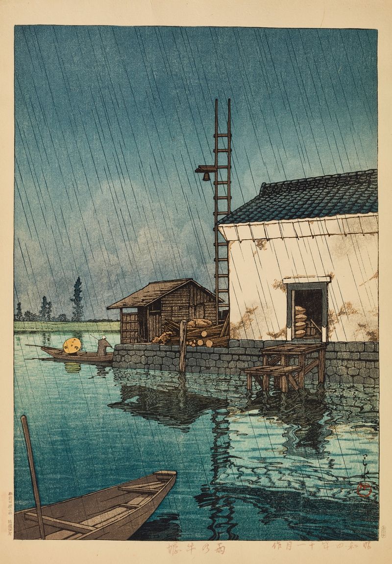 Gravura em madeira de Kawase Hasui mostrando chuva e uma figura sob um céu índigo.