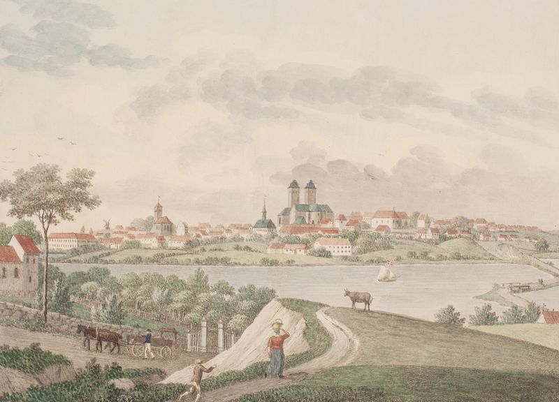 Paisaje con una catedral antigua, cielo pastel y tonos terrosos de Søren L. Lange, pintura al óleo