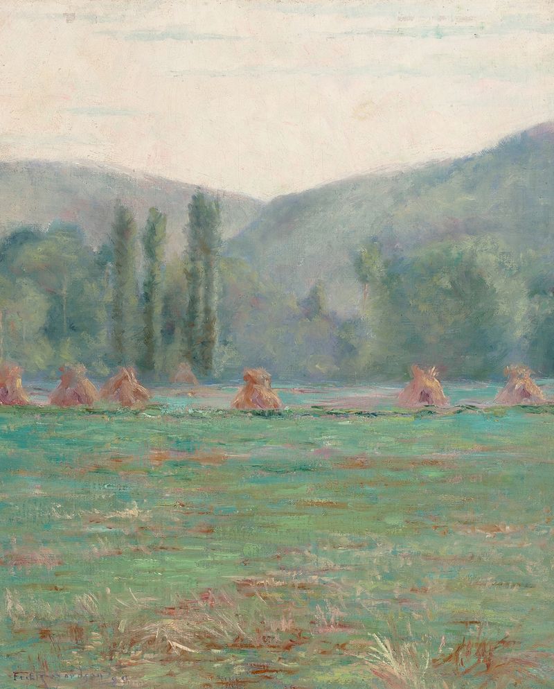 Paisagem Francesa com Montões de Feno de Francis Henry Richardson, pintura a óleo que retrata uma cena pastoral serena.