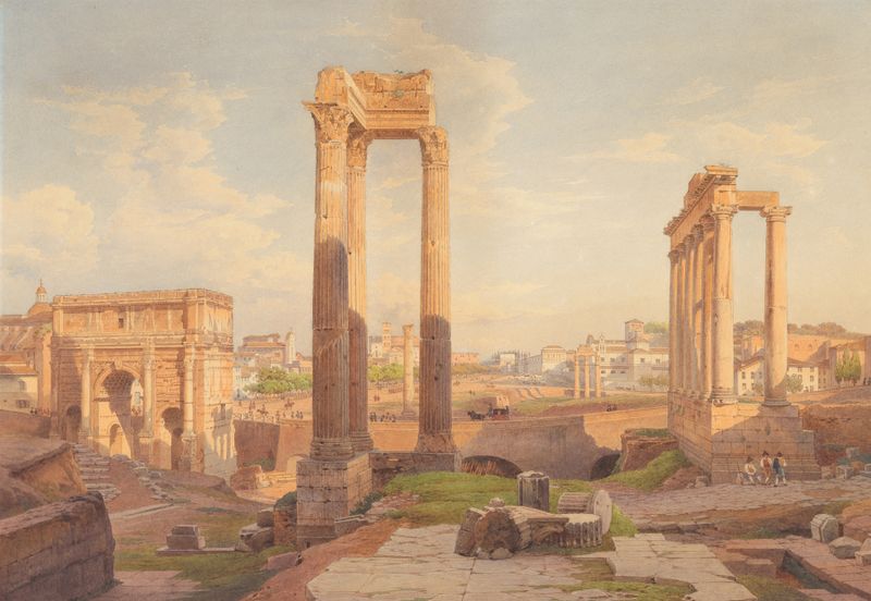 Forum Romanum by Hermann David Salomon Corrodi, oil on canvas depicting ancient ruins and light interplay.