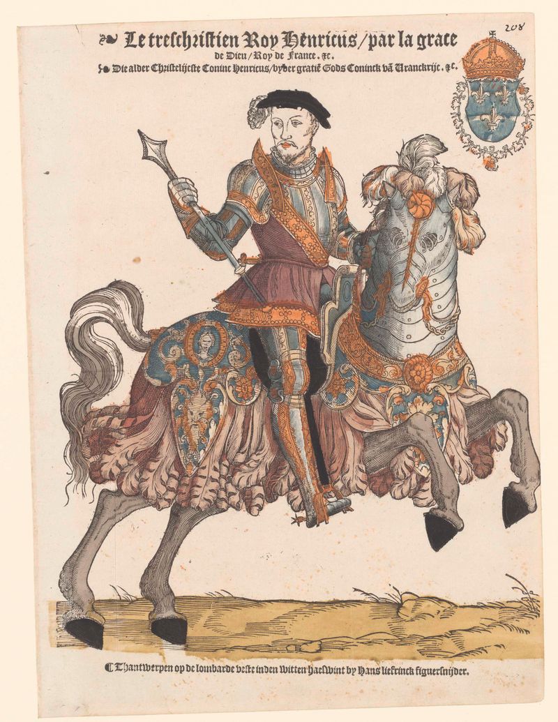 Portrait of King Henry II of France in armor on horseback, oil painting by Hans Liefrinck