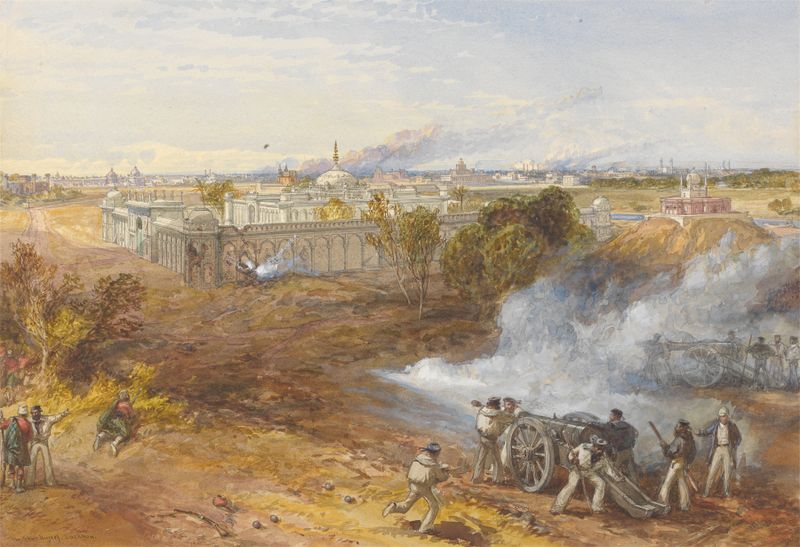 Retrato de The Shah Nujeef por William Simpson, 1861, que representa una figura tranquila en un medio desconocido.